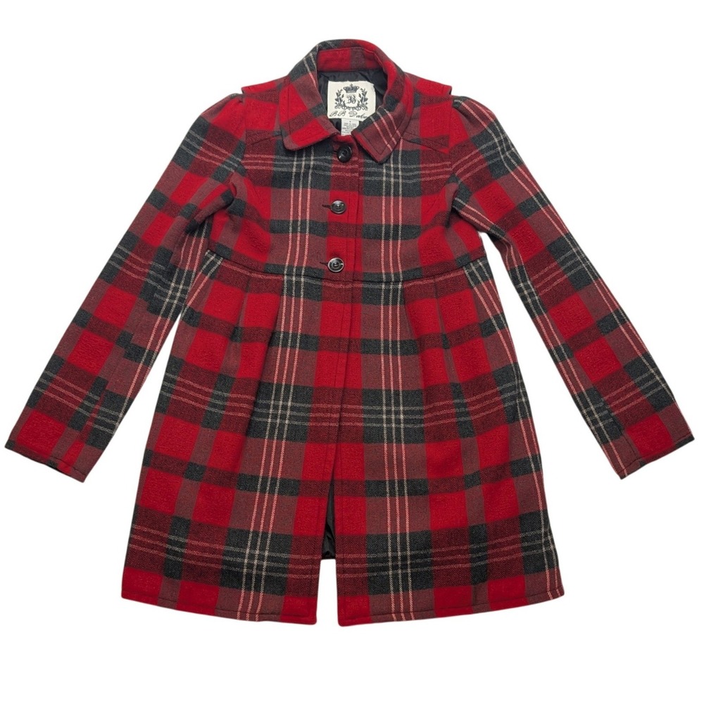 BB Dakota Plaid Wool Blend Coat Women S Red Black Empire Waist Pleated Peacoat